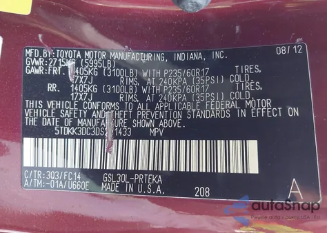 2013 Toyota Sienna Le V6 8 Passenger from USA, damaged, VIN 5TDKK3DC3DS281433